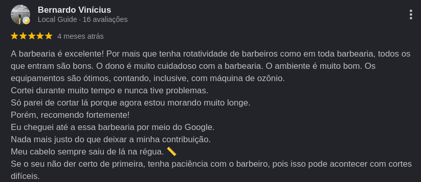 Avaliação 5 estrelas no Google para a Barbearia Dom Roberto